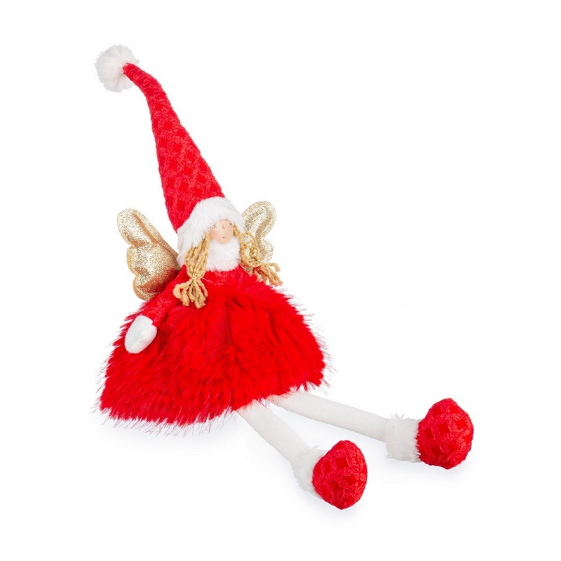 Angelo natalizio con vestito rosso e cappello di Babbo Natale, decoro da appoggio festivo alto 60 cm
